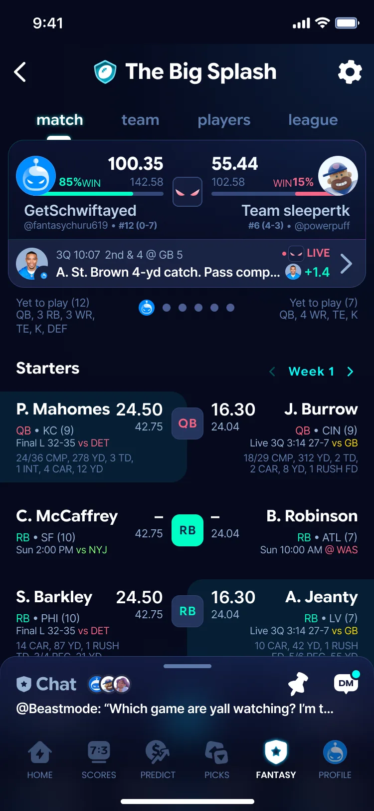 Sleeper matchup view: weekly head-to-head scoreboard with live player scores.