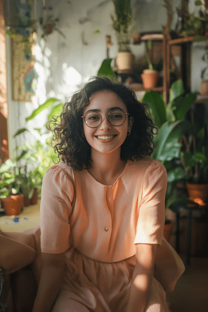 A woman with curly hair and glasses smiles warmly, wearing a peach dress. She's in a sunlit room filled with lush green plants, creating a cozy, serene atmosphere.