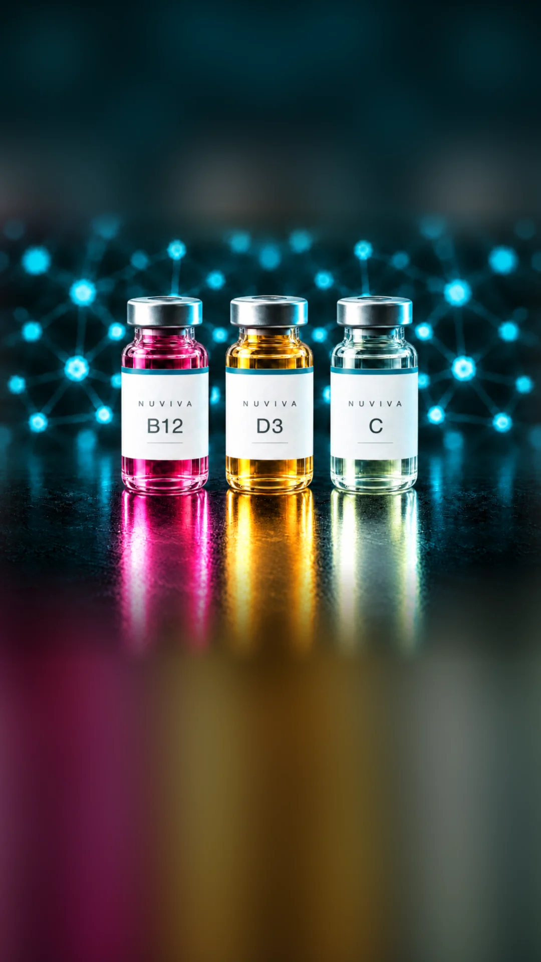 Three Nuviva vials labeled B12, D3 and C on a dark reflective surface