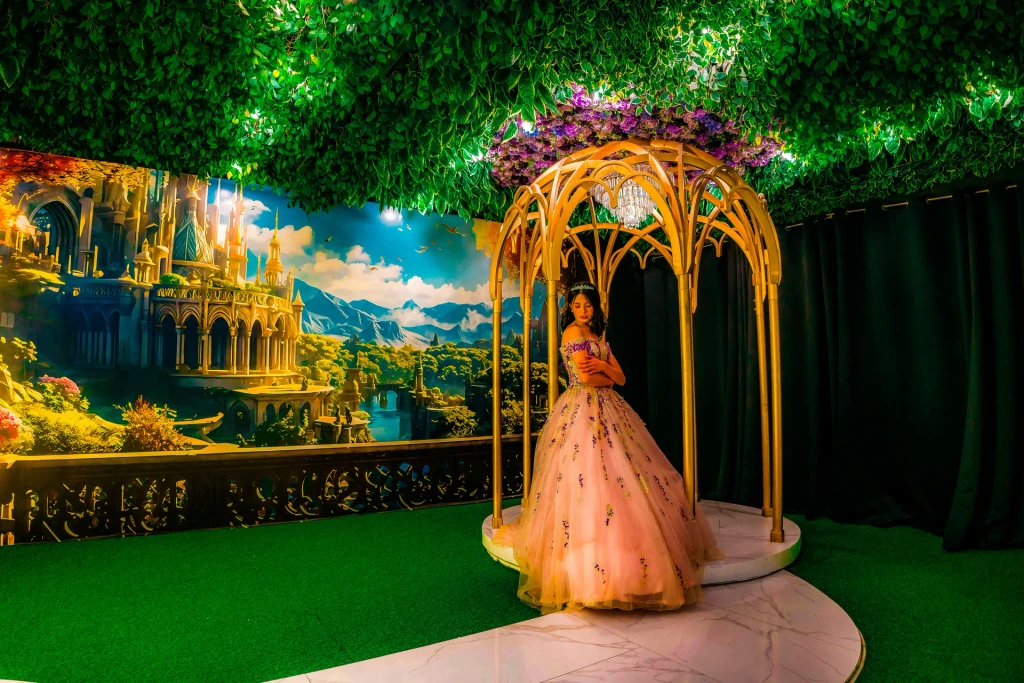 Debutante in blush inside the golden gazebo at Pandora Hall, Stalla Suites QC