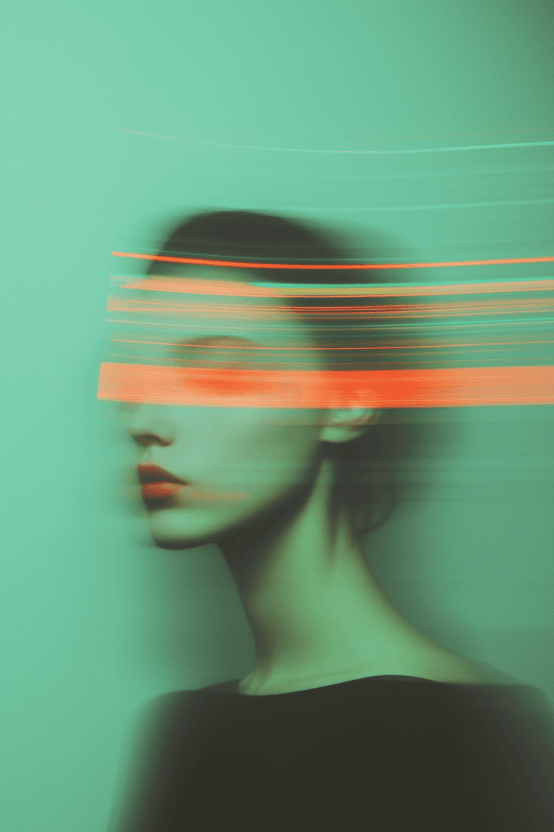 A blurred portrait of a person with an abstract, horizontal orange light streak across their eyes, set against a green background, creating a futuristic mood.