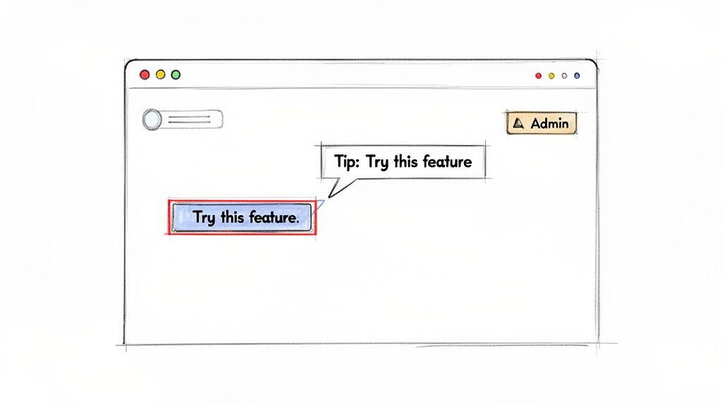A hand-drawn sketch of a browser window highlighting a 'Try this feature' button with a tooltip.
