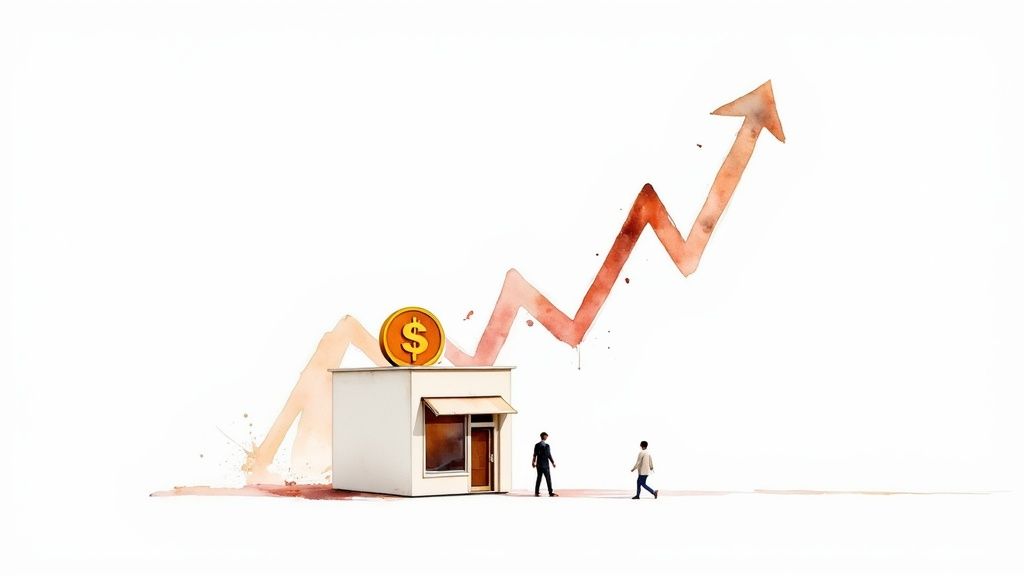 A watercolor illustration of a small business with a dollar coin and a rising growth arrow.