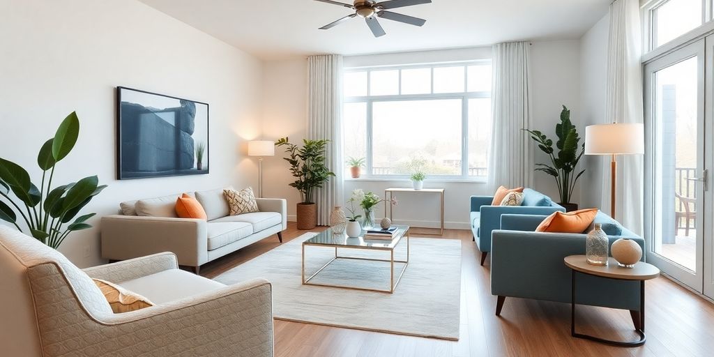 Modern staged living room with bright decor and furniture.