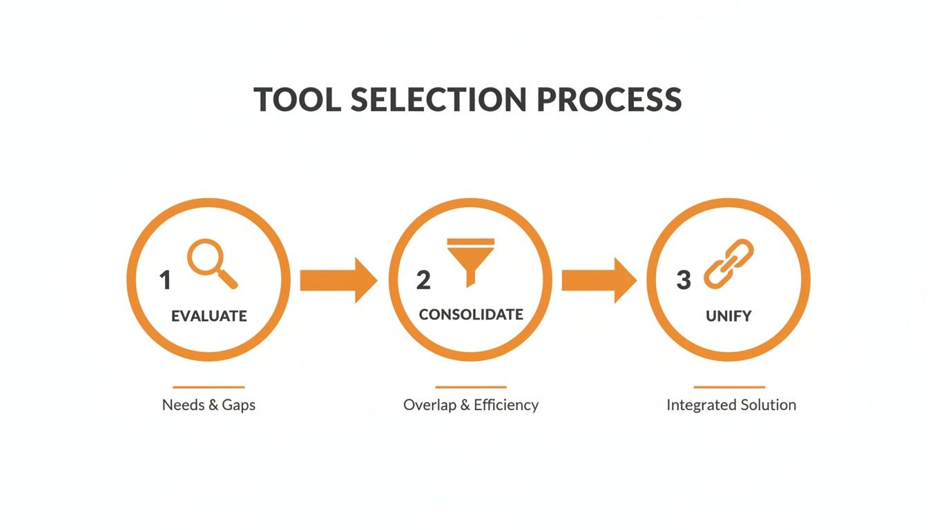 A three-step tool selection process diagram: Evaluate, Consolidate, and Unify for an integrated solution.