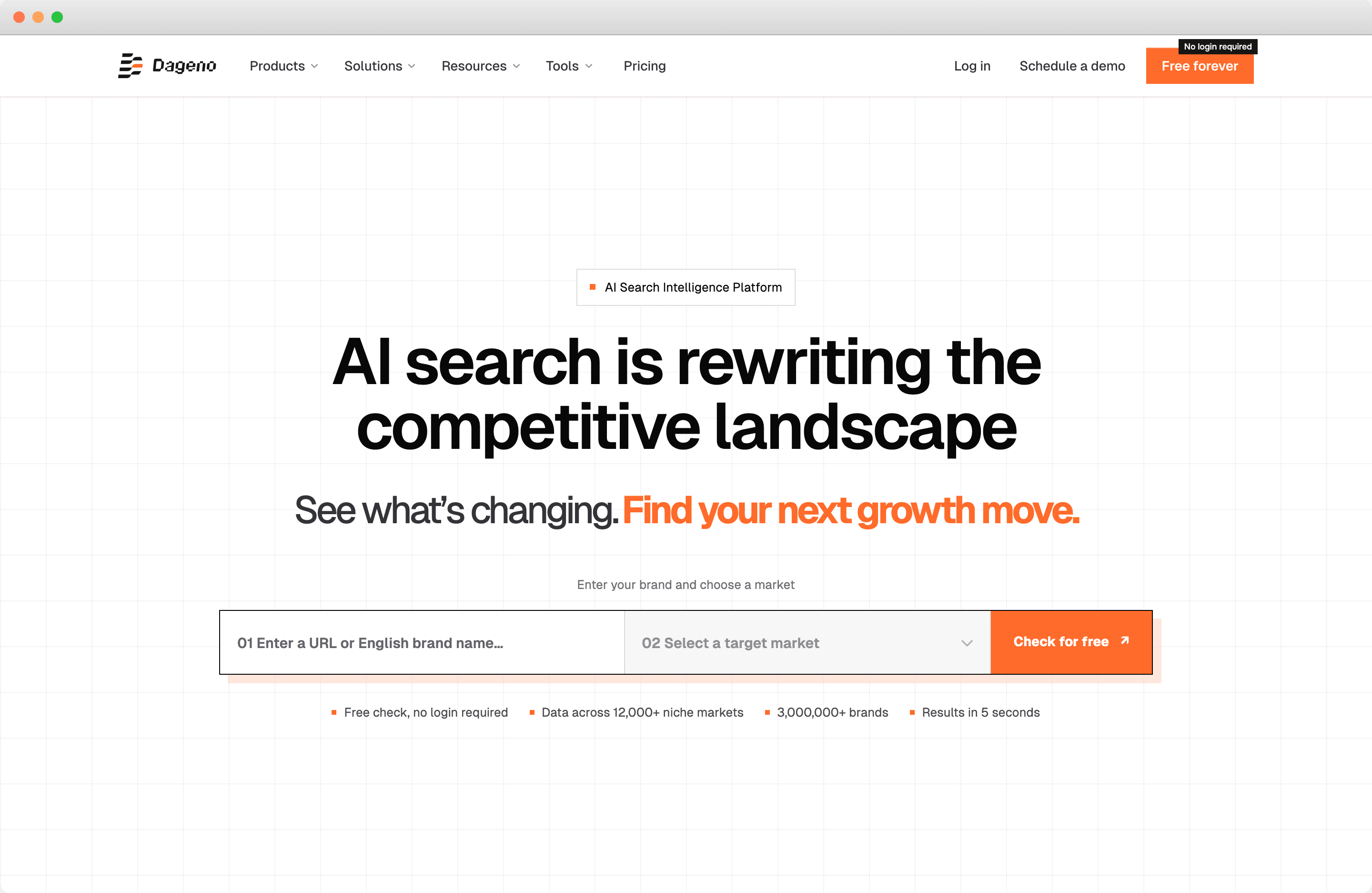 The Dageno homepage, showing its AI search intelligence product and a brand check form