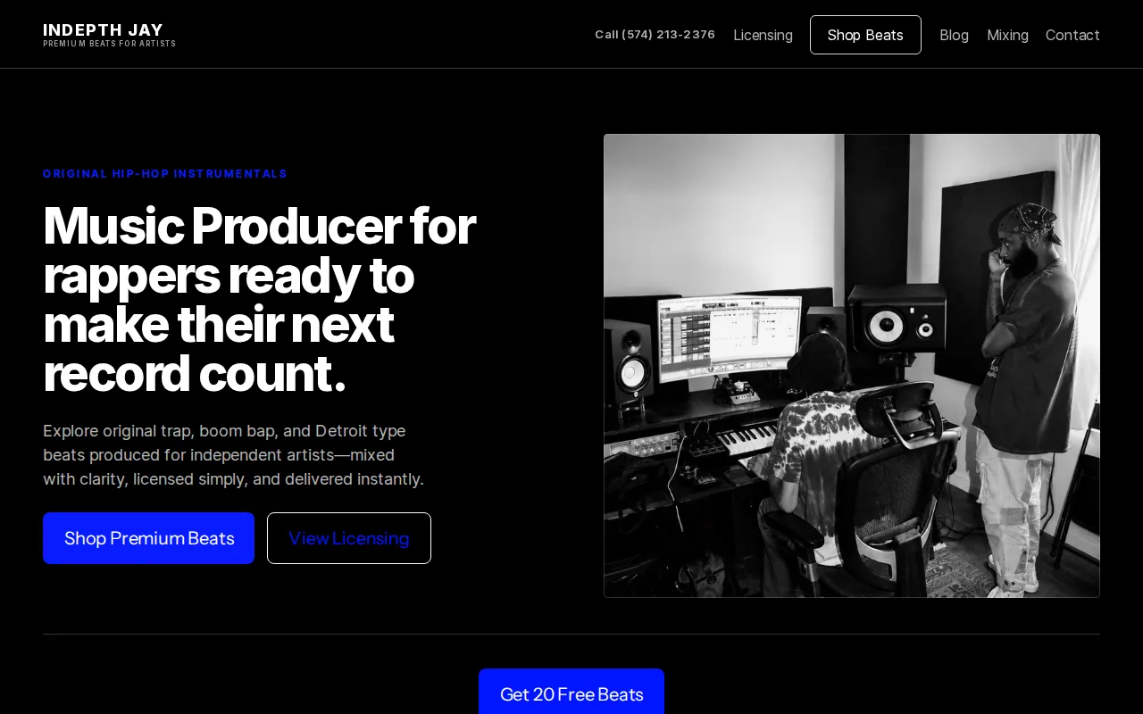 Screenshot of the Indepth Jay Beats website