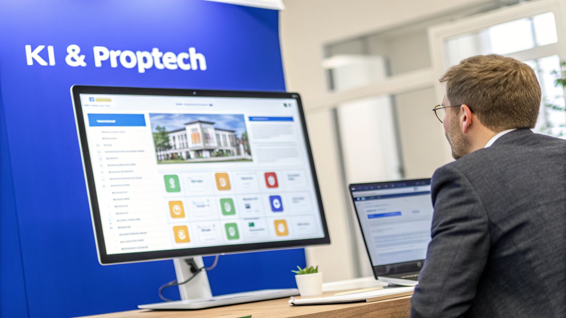 Geschäftsmann blickt auf Bildschirm mit Immobilienverwaltungssoftware und KI-Anwendungen in einem modernen Büro.