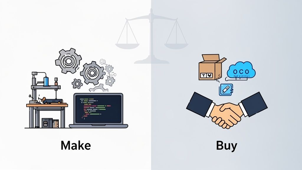 An infographic illustrating the strategic 'Make or Buy' decision, balancing internal creation and external acquisition.