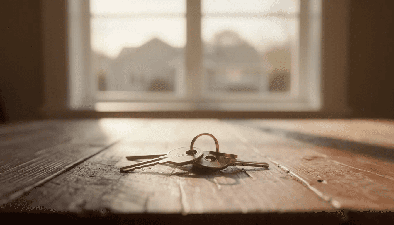 The image shows a cozy house with a set of keys resting on a wooden table, illuminated by warm sunlight streaming through a nearby window. This scene evokes a sense of home and security, reflecting the importance of proper estate planning and potential tax implications related to property ownership.