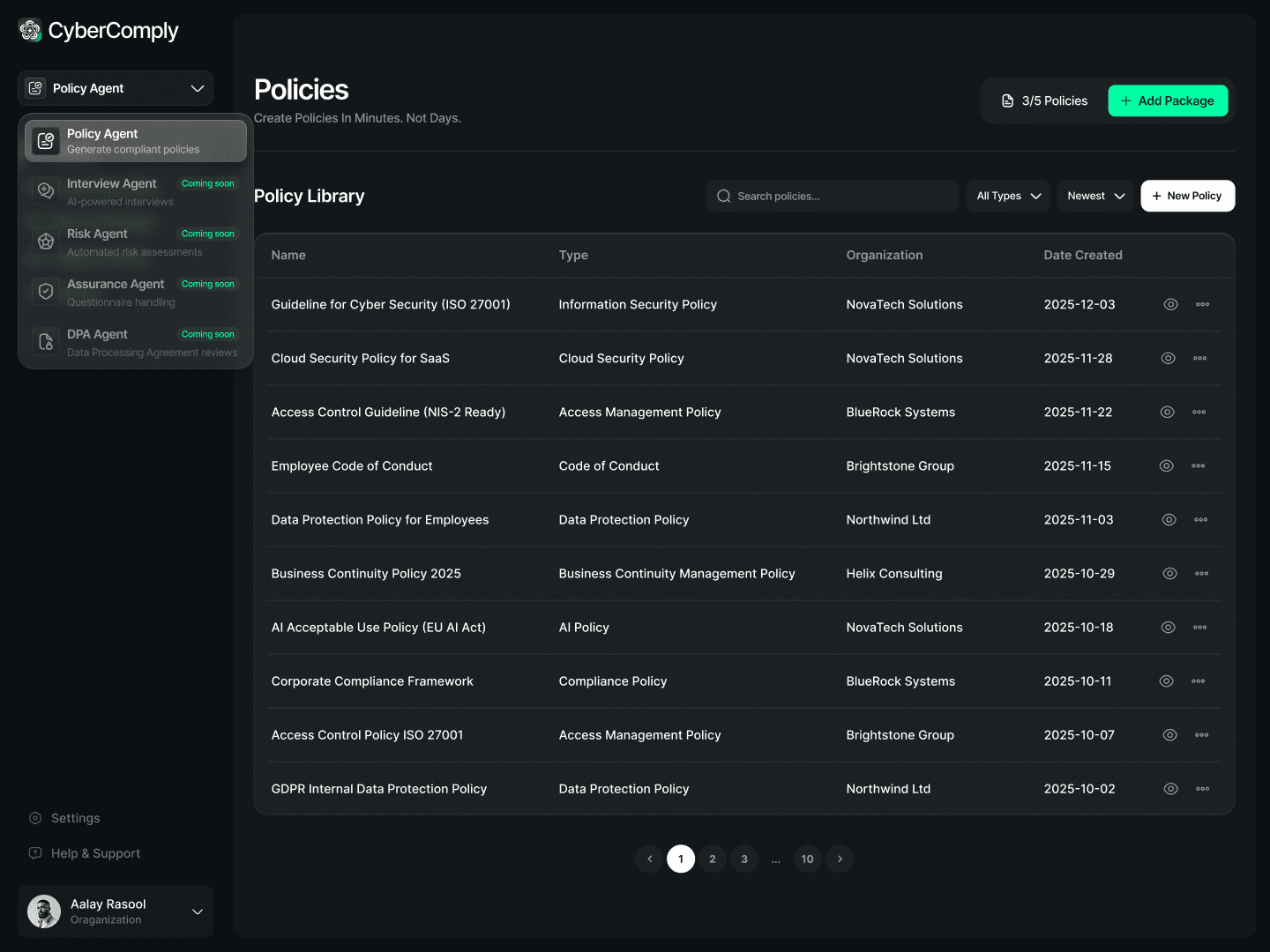 Policy agent dashboard of CyberComply
