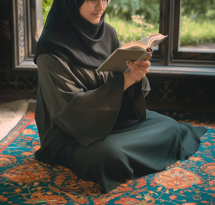 muslim woman in abaya sitting reading a book dilligently