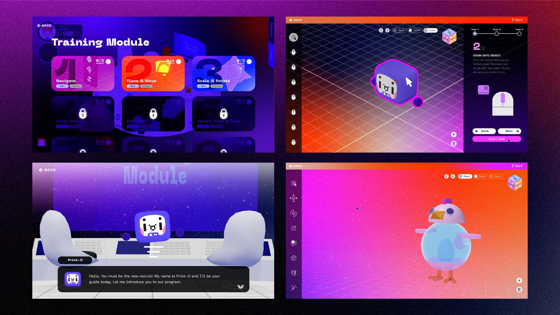 Four screenshots display different views of a digital interface. The top left shows a training module with navigation, place and move options, and scale and rotate controls. The top right displays a game-like interface with a purple penguin and a grid background. The bottom left shows a white computer screen with a chat window and a print-o-button. The bottom right shows a pink and orange gradient background with a penguin icon and a help button.