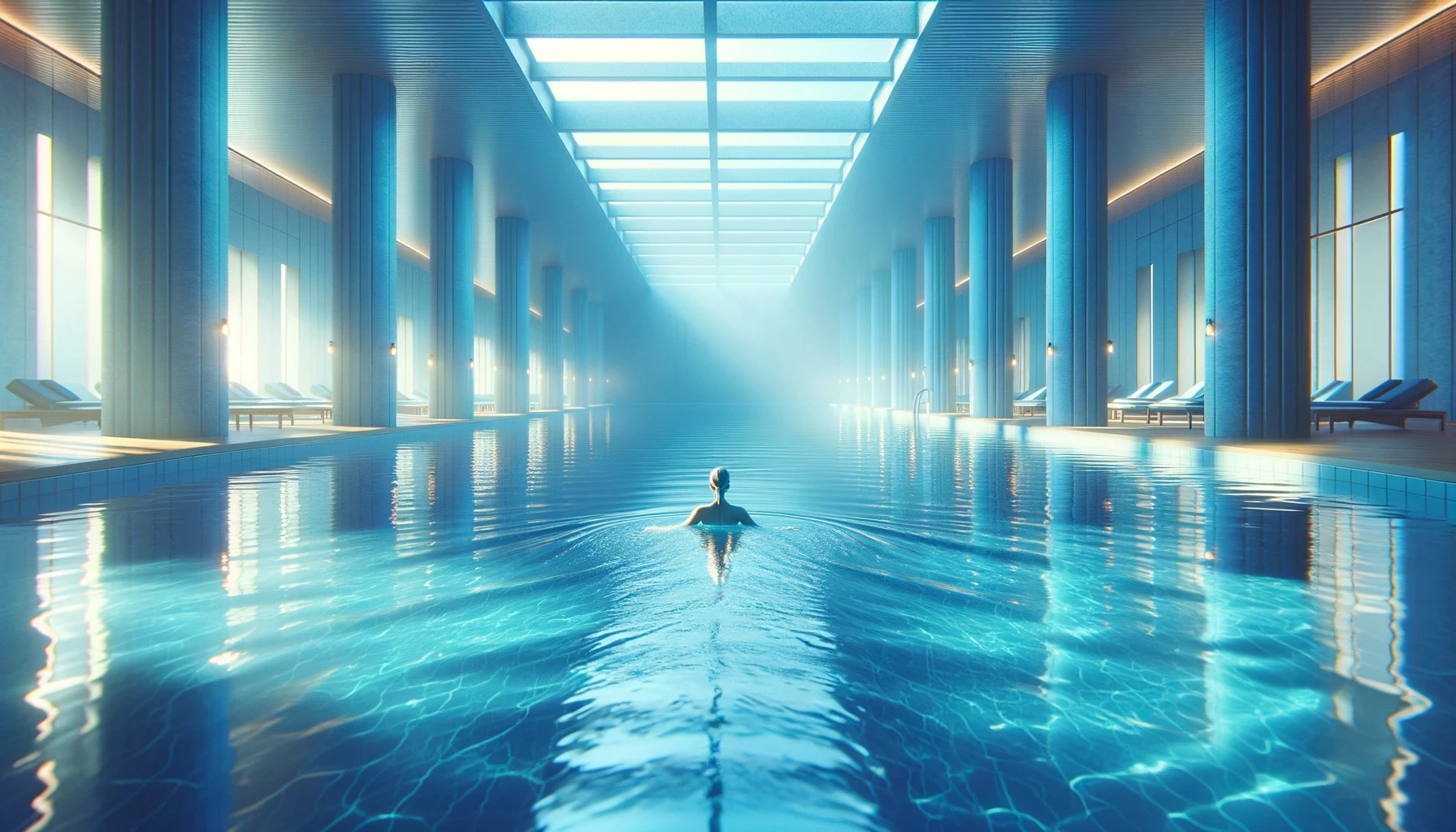 Une séance de thérapie Janzu dans une piscine intérieure spacieuse. L'ambiance est calme et apaisante, illuminée d'une lumière douce teintée de bleu. La piscine est claire et tranquille, reflétant des teintes bleues paisibles. Dans l'eau, il y a un nageur flottant sur le dos, créant un environnement qui évoque un sentiment de paix intérieure et de bien-être.