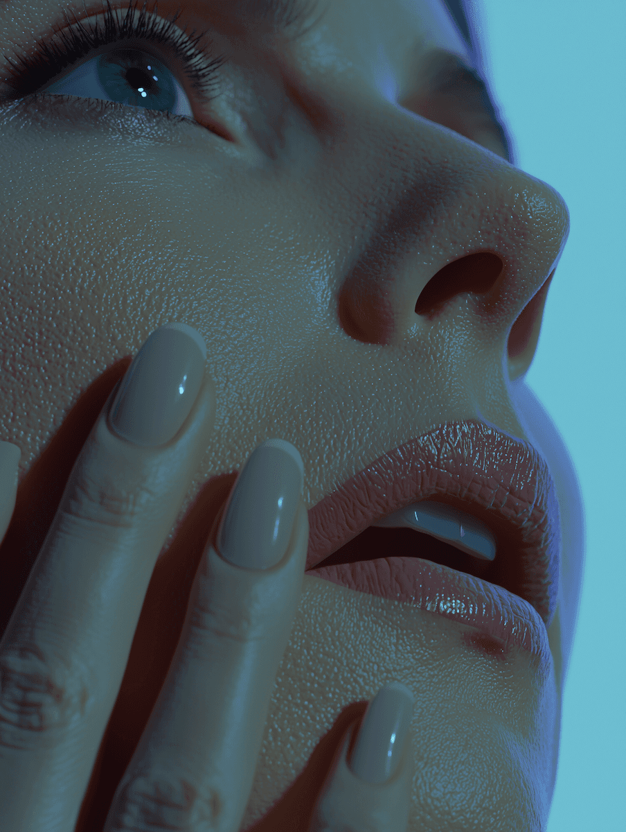 Close-up of a woman’s face with her hand touching her cheek under cool blue lighting