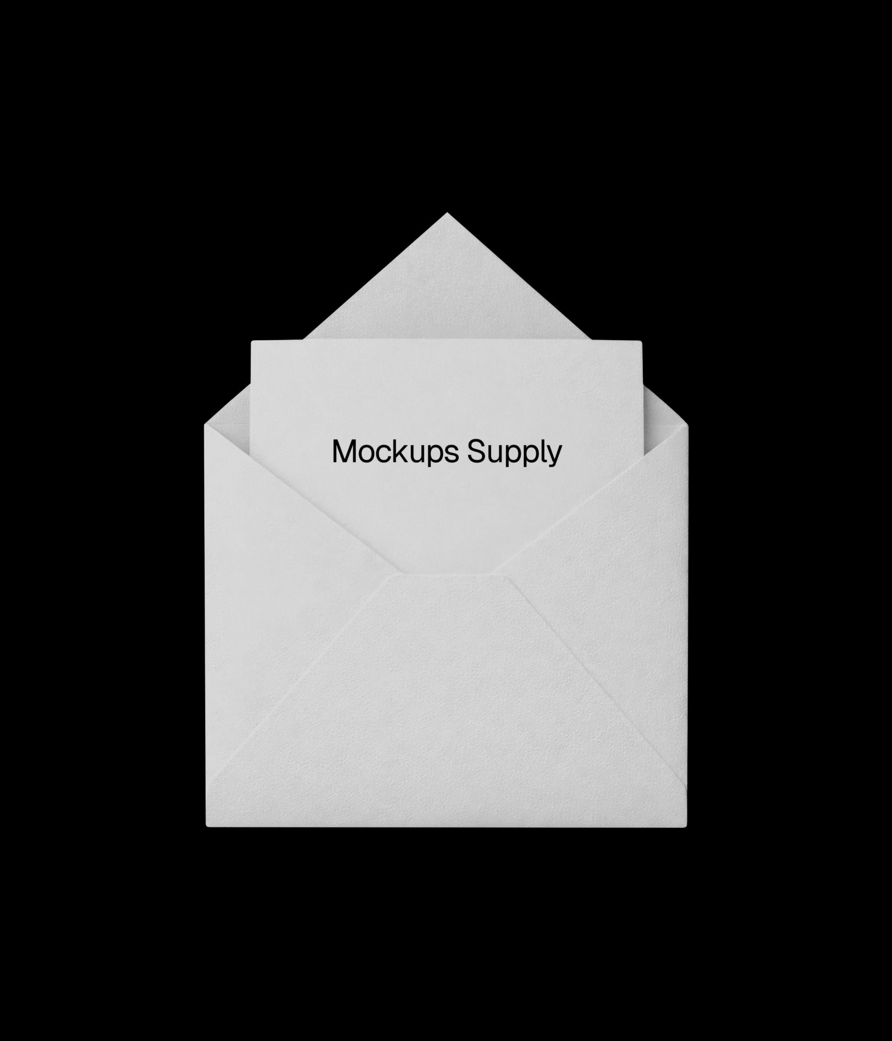 White modern open envelope mockup with card on black background download on Mockups Supply