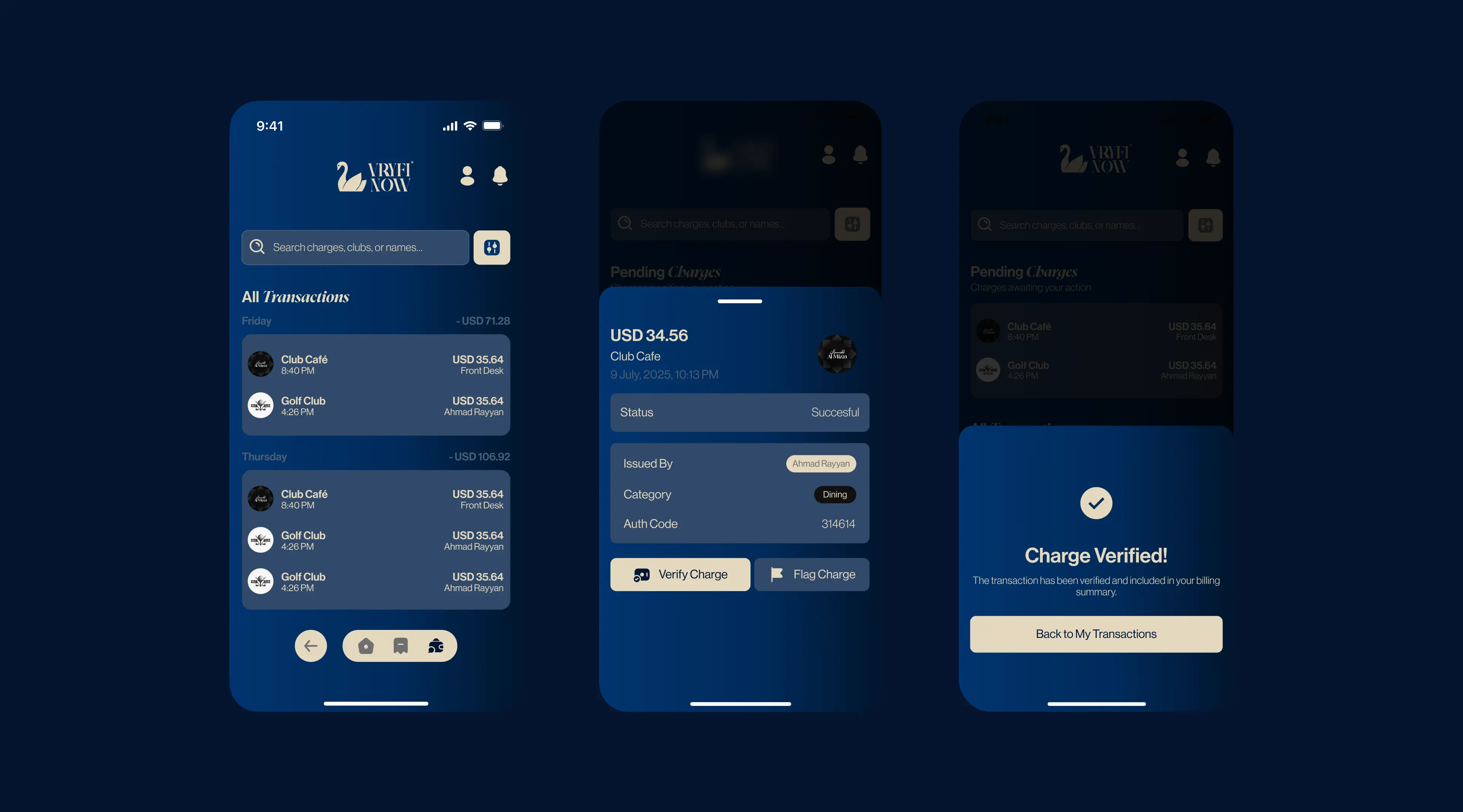 VRYFI NOW consumer app flow showing transaction list, charge verification process, and confirmed verification status