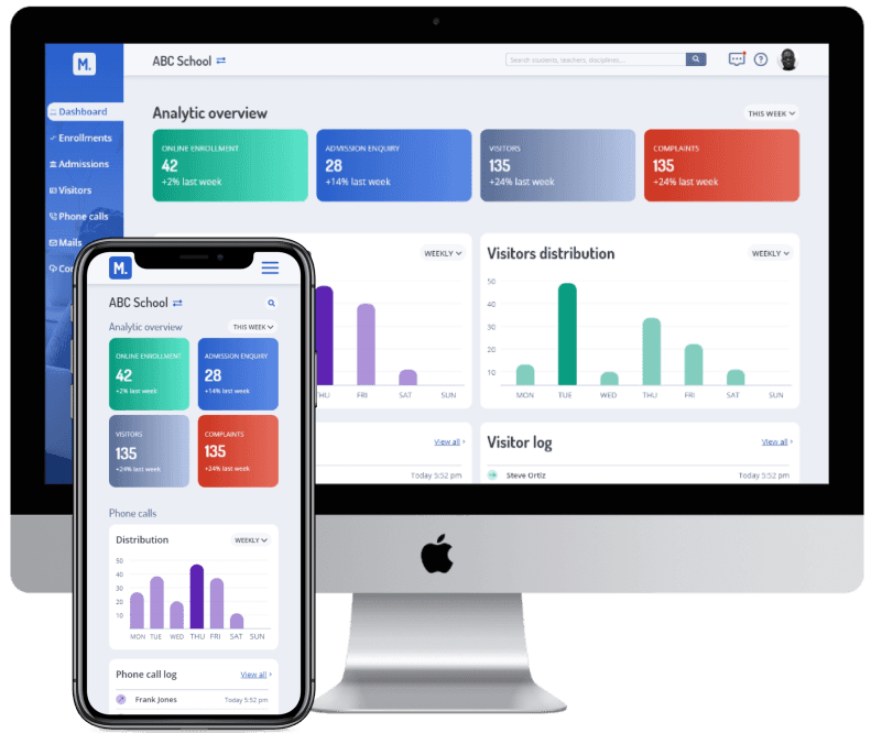 A picture of a desktop screen showing a dashboard for a school management system. On the left, there is also a mobile phone showing the mobile version of the same dashboard