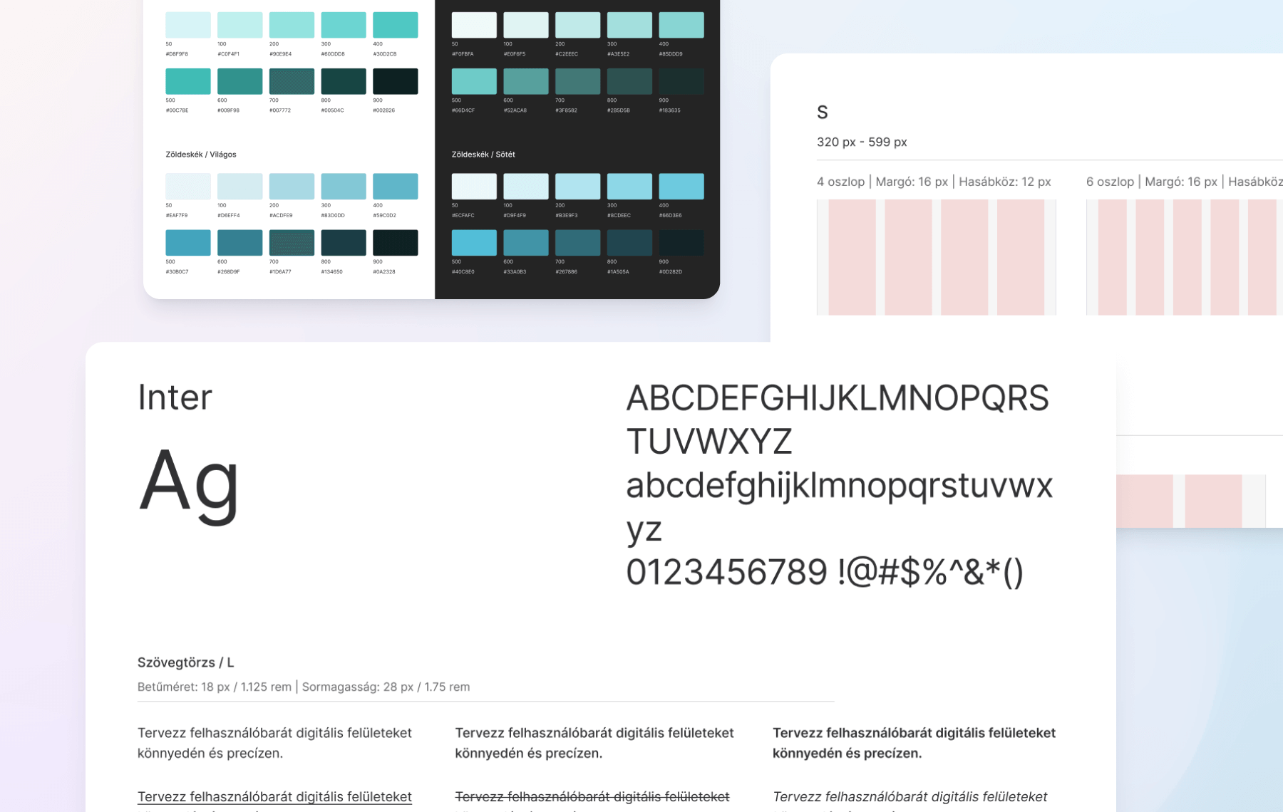 Tipográfia, színpaletta és rácsszerkezet a Webes felületi elemgyűjteményben.