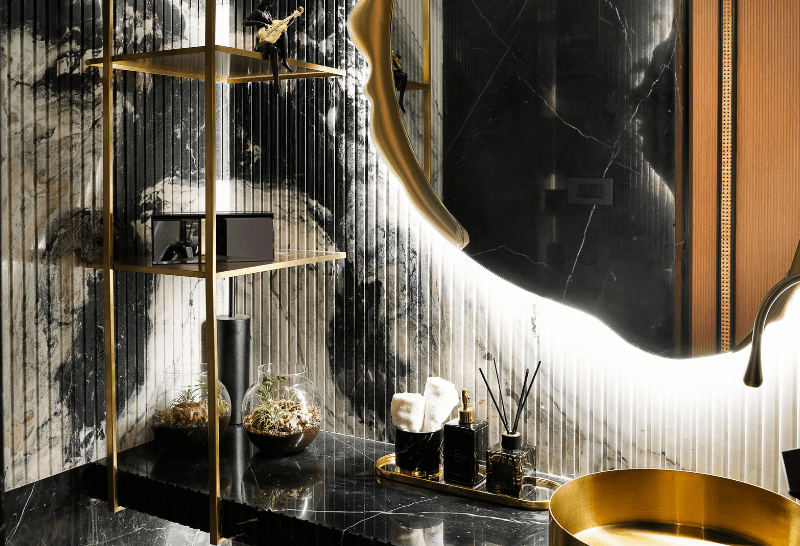 Powder Room with Sculptural Mirror
