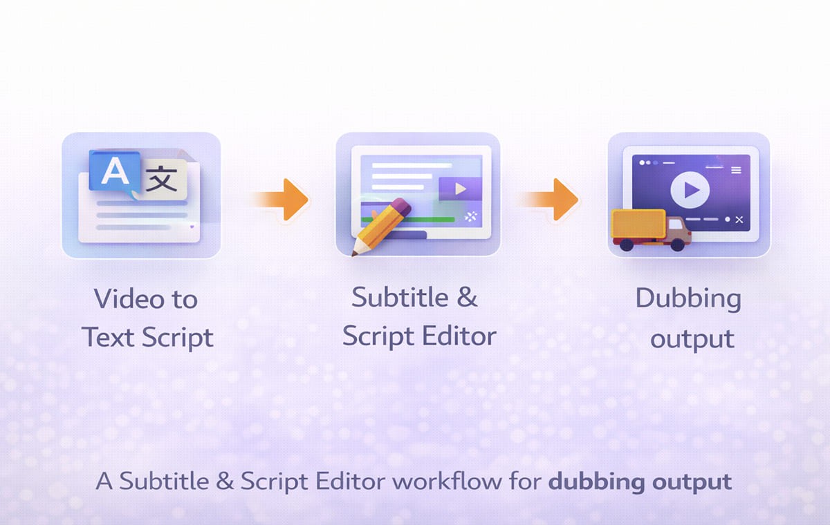 Workflow graphic showing Video to Text Script