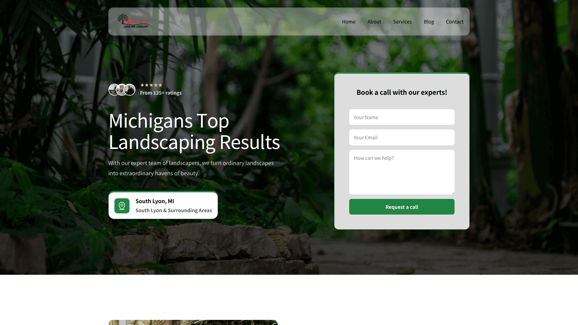 Desktop homepage mockup of Legacy Lawn & Landscape website showing lawn care, landscaping services, and professional outdoor maintenance layout