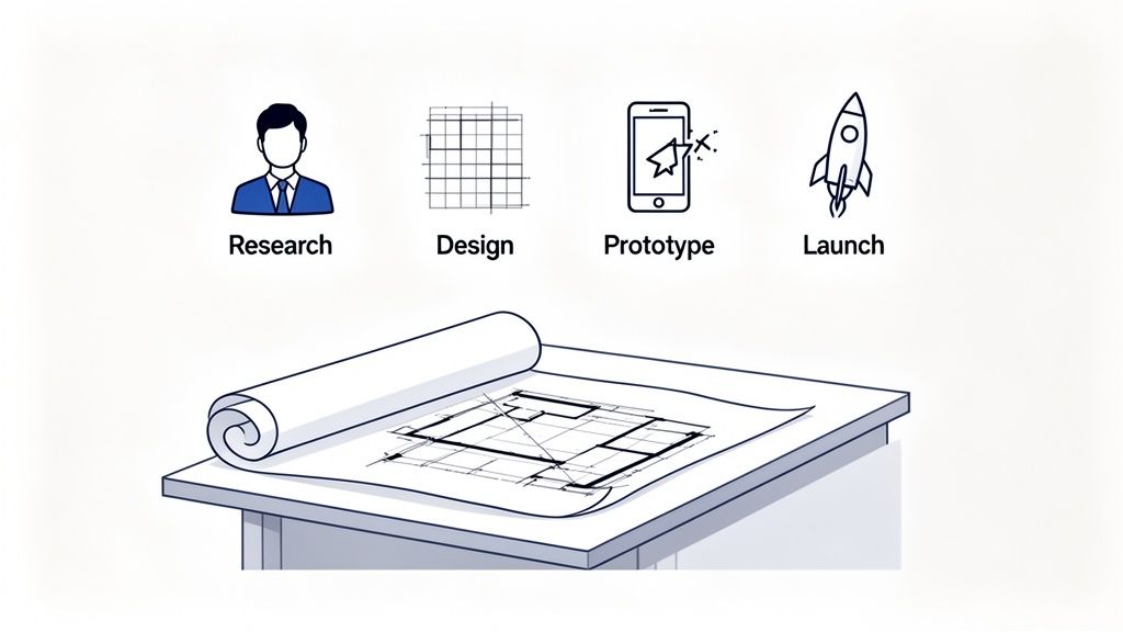 An illustration showing four steps: Research, Design, Prototype, and Launch, with a blueprint on a desk.