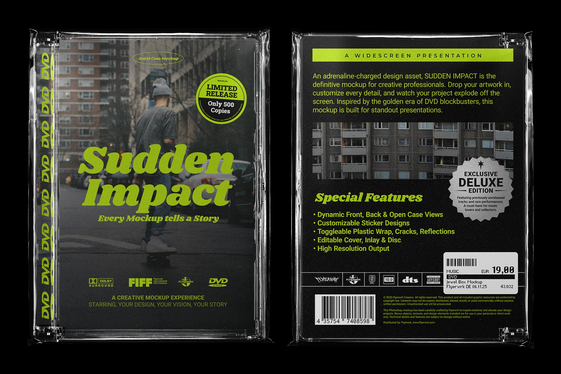 DVD jewel case mockup example artwork showing realistic front and back cover design