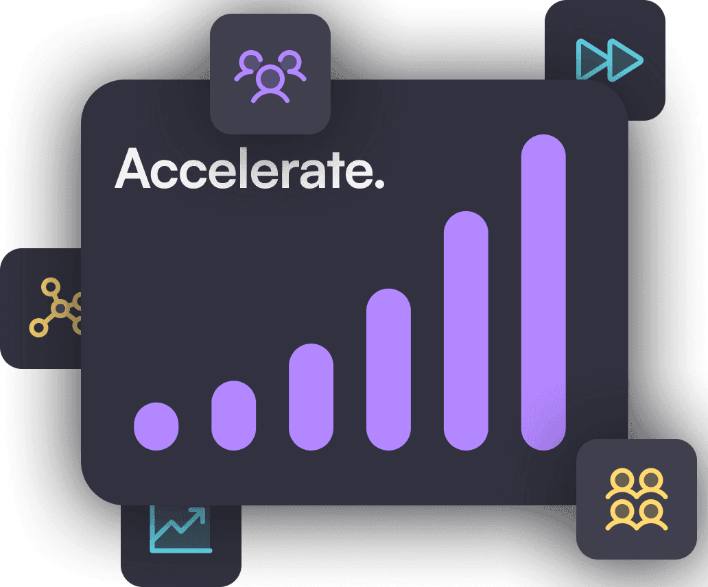 Query successful An image with a dark grey background featuring a central card and several smaller icons floating around it. The central card is dark grey with the word "Accelerate." in white text at the top left. Below the text is a bar chart with six purple bars of increasing height from left to right. Around the central card are five smaller, rounded square icons: