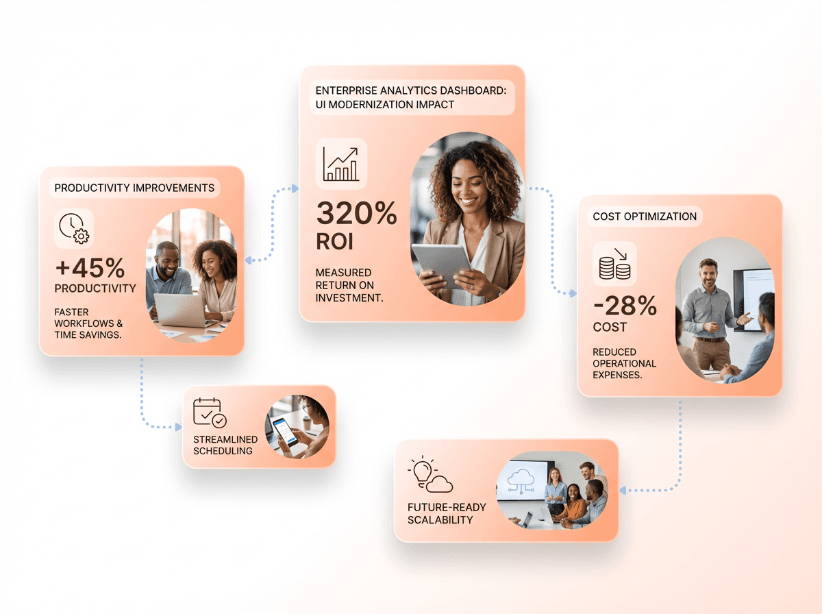 Enterprise analytics dashboard measuring ROI, productivity improvement, and cost optimization from modernized software interfaces