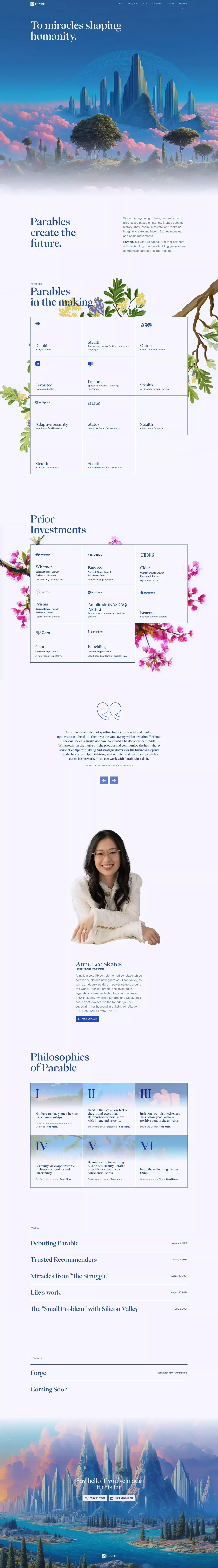 Parable - To miracles shaping humanity. landing page screenshot showcasing Finance design