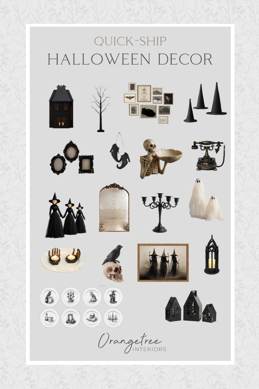Various black, white and gold Halloween decor