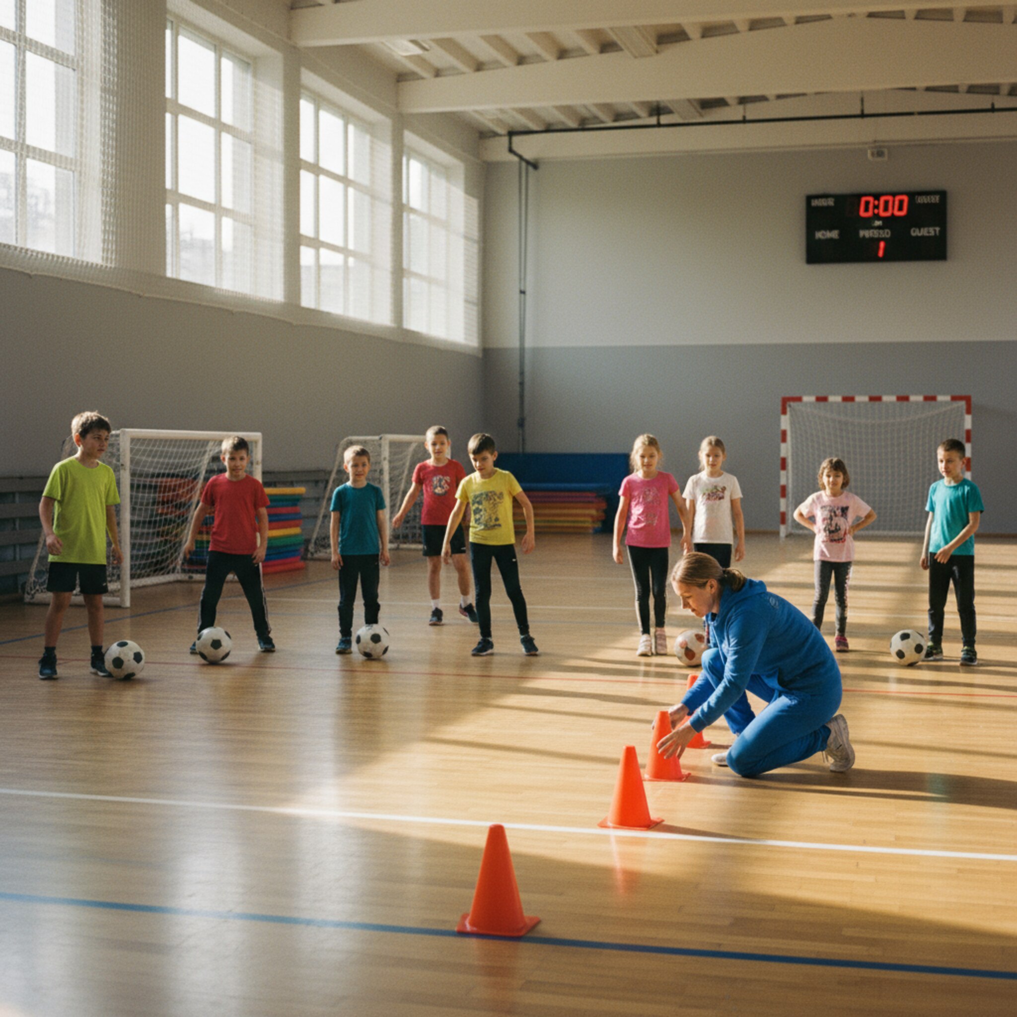 Morgens fällt warmes Licht durch hohe Fenster einer Mehrzweckhalle. Eine Schulklasse rollt Bälle, ein Lehrer steckt Markierungshütchen, leises Schuhquietschen hallt nach. Am Rand liegen Matten sauber gestapelt und zwei Tore sind zur Seite gedreht. Die Szene wirkt geordnet und offen, bereit für den nächsten Slot.