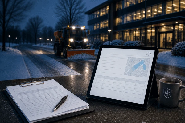 Ein Tablet mit einer digitalen Einsatzkarte und ein Klemmbrett mit einem Dokument liegen neben einer Kaffeetasse auf einem Tisch, während im winterlichen Hintergrund bei Dämmerung ein Räumfahrzeug arbeitet.
