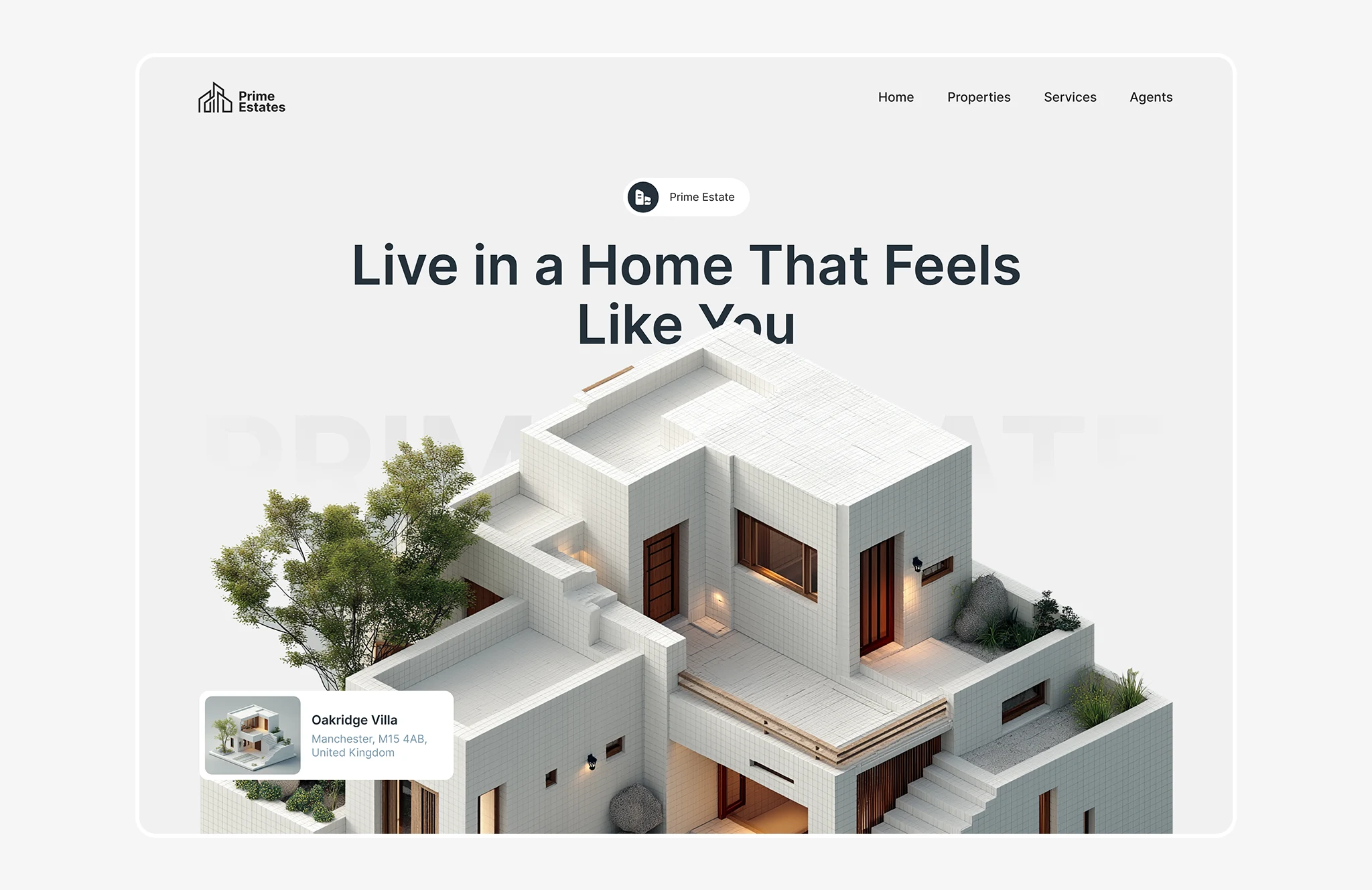 Modern real estate website hero design featuring a luxury home, clean layout, and premium property branding
