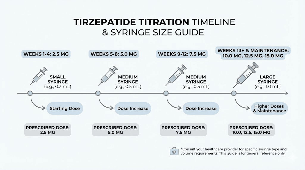 Tirzepatide dose titration syringe selection guide by week