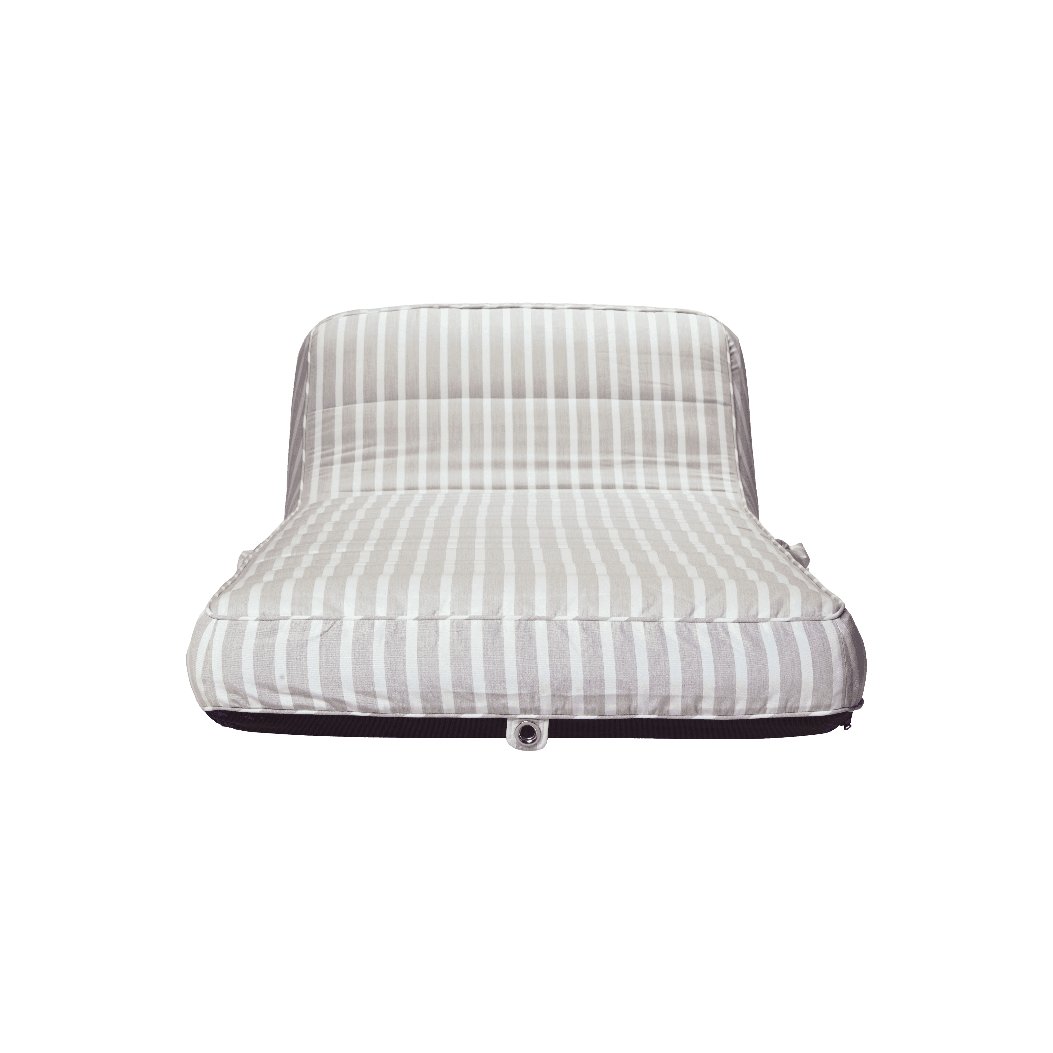 Luxury single pool float in beige-and-white stripe canvas with quilted panels and jet-black base