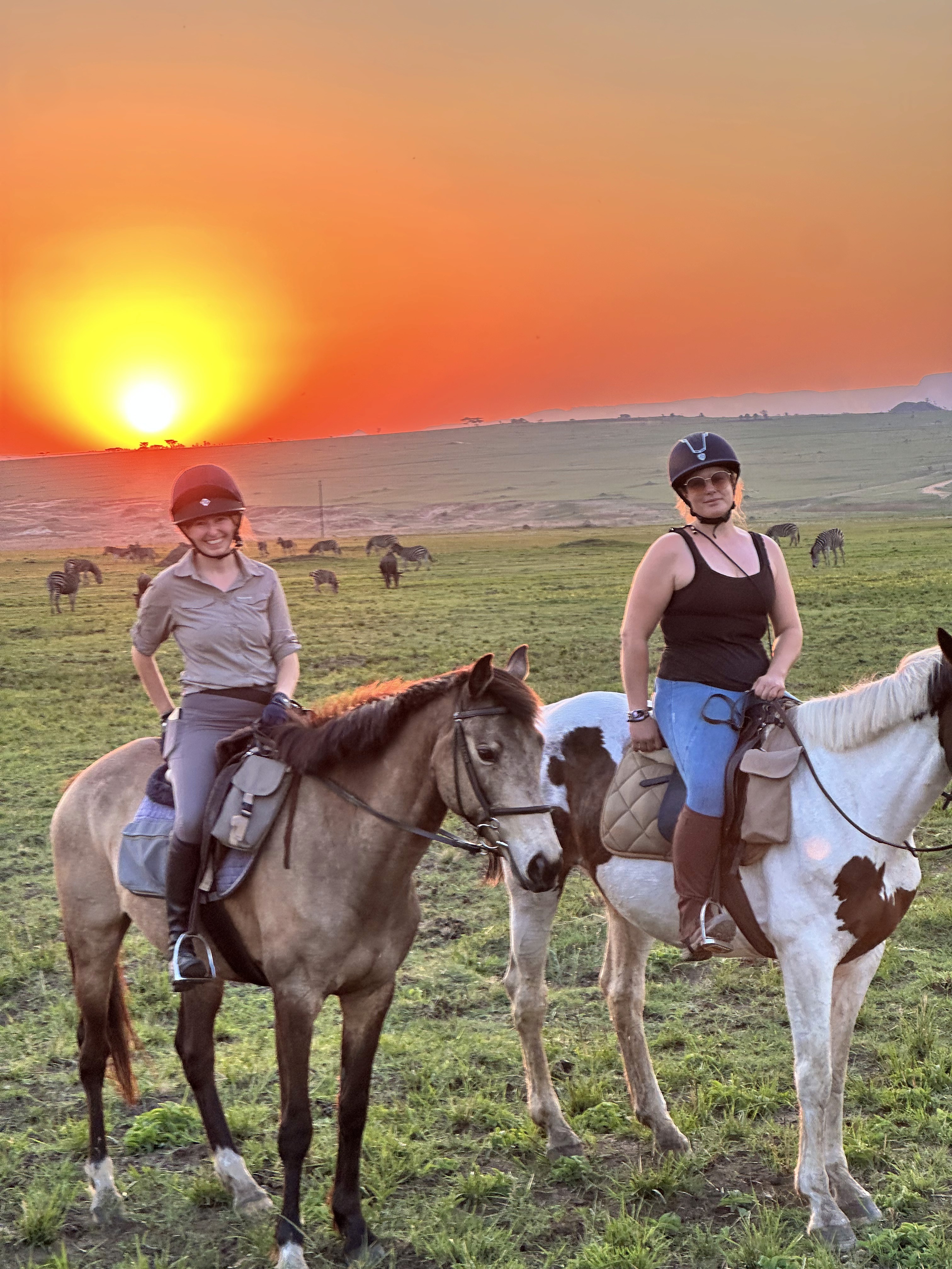 Kilimanjaro Elephant Ride, Arusha National Park, Tanzania – elefant i högt gräs tittar mot kameran, medan fem ryttare till häst på ridsafari i bakgrunden betraktar elefanten i ett grönt och frodigt landskap.