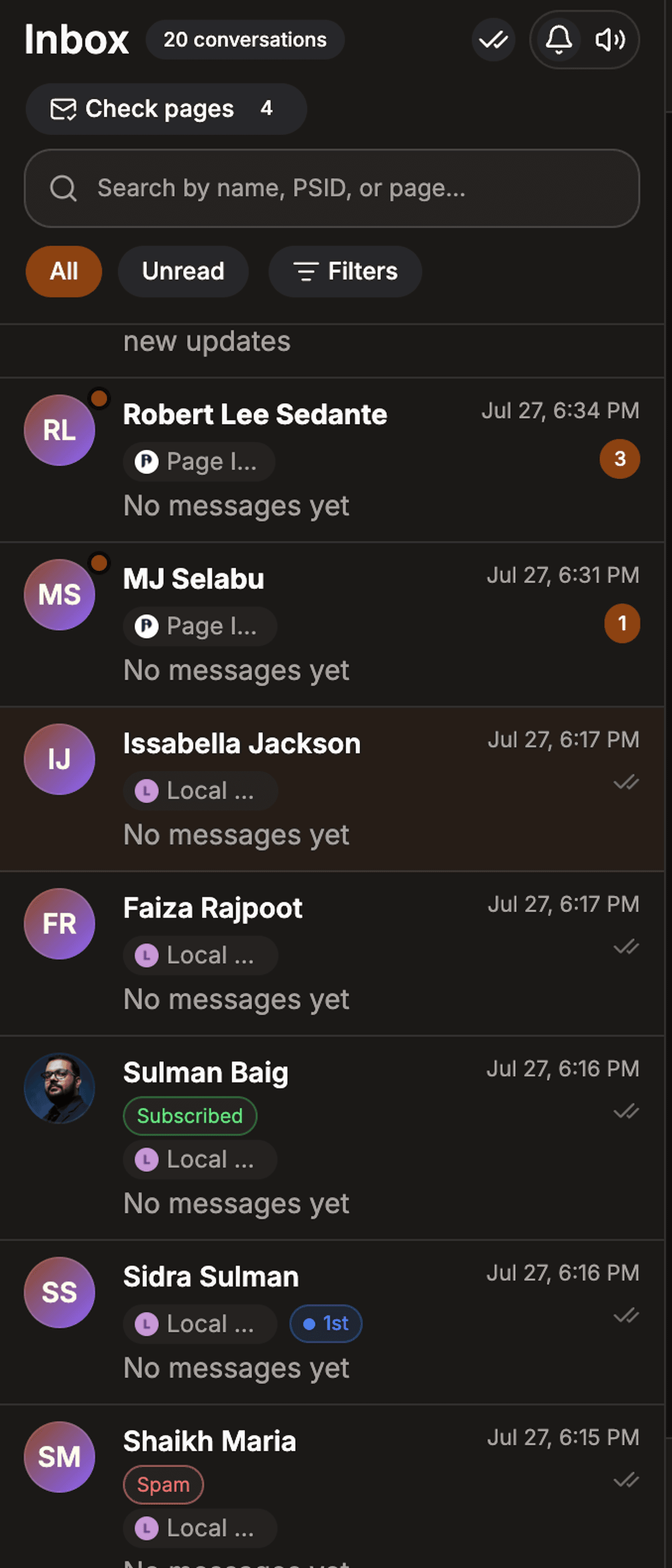 Inbox conversation list with badges on the rows, including Spam, Subscribed and a coloured label.