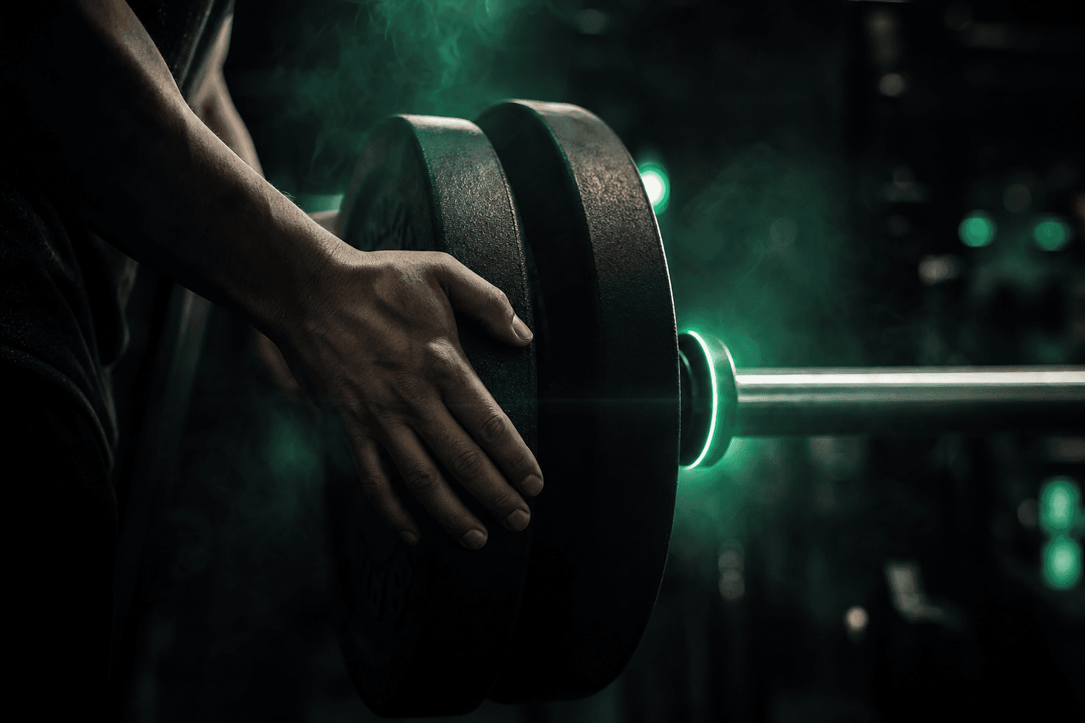 Close-up of a lifter loading weight plates onto a barbell in a dark gym with a faint emerald glow
