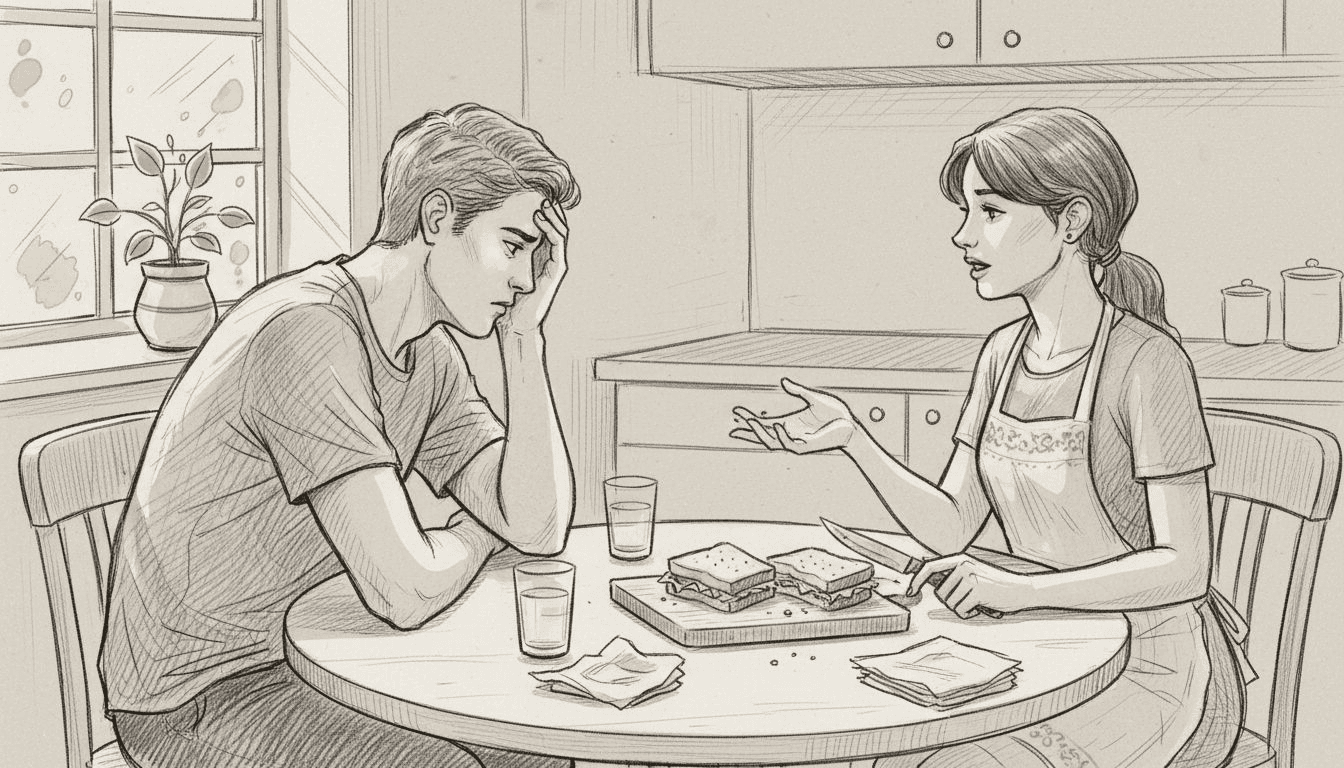 Una pareja conversa animadamente mientras comparte la comida en la cocina.