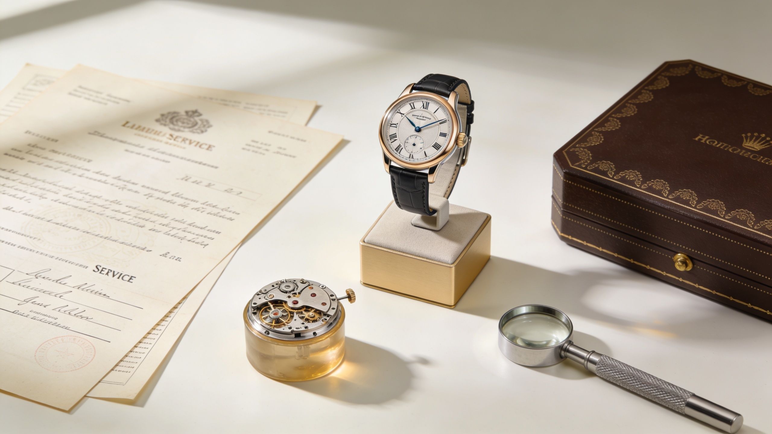 A luxury vintage watch displayed on a stand alongside its movement, service records, a loupe, and case.