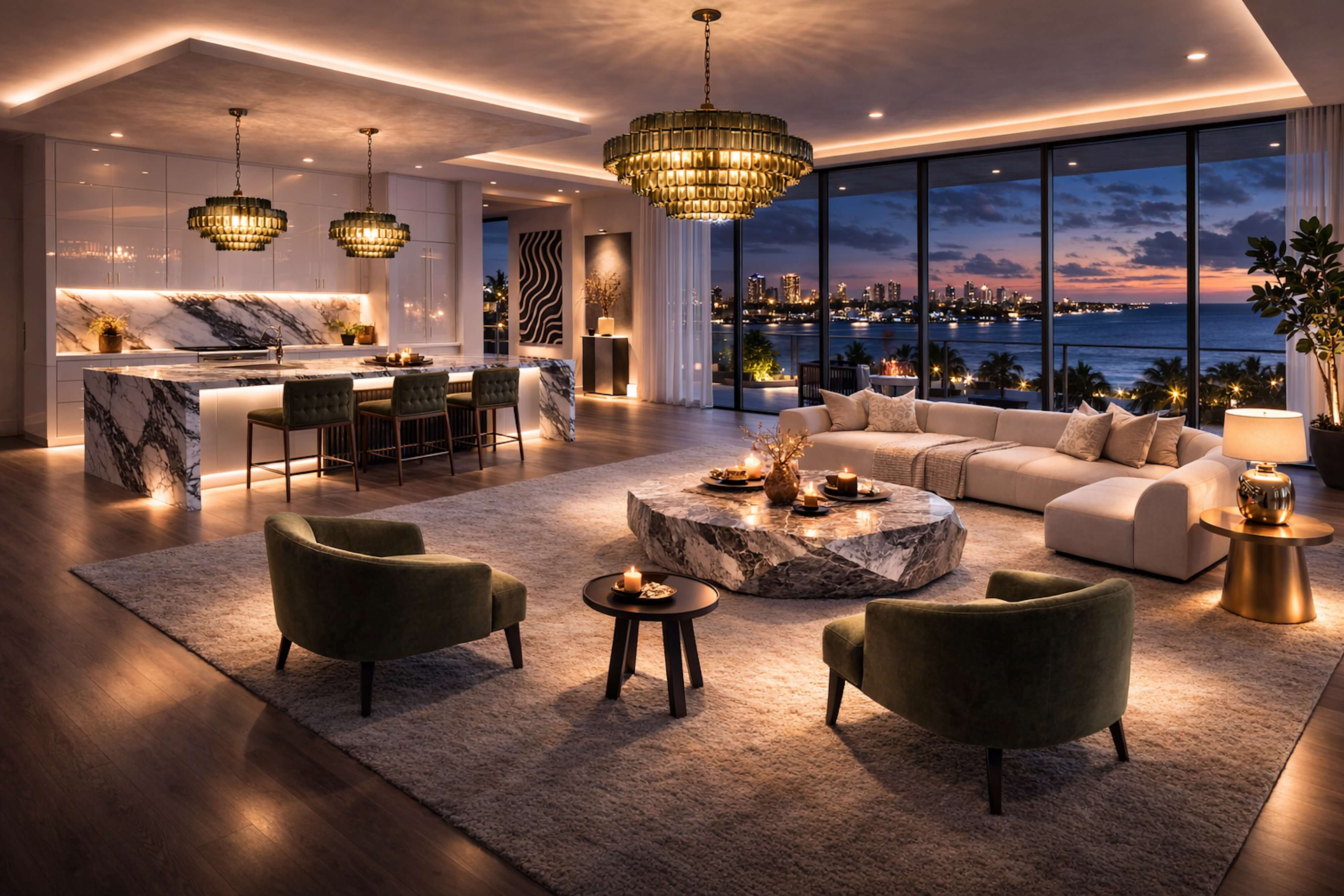 Luxury waterfront great room at dusk with marble finishes, warm lighting, and expansive floor-to-ceiling windows.