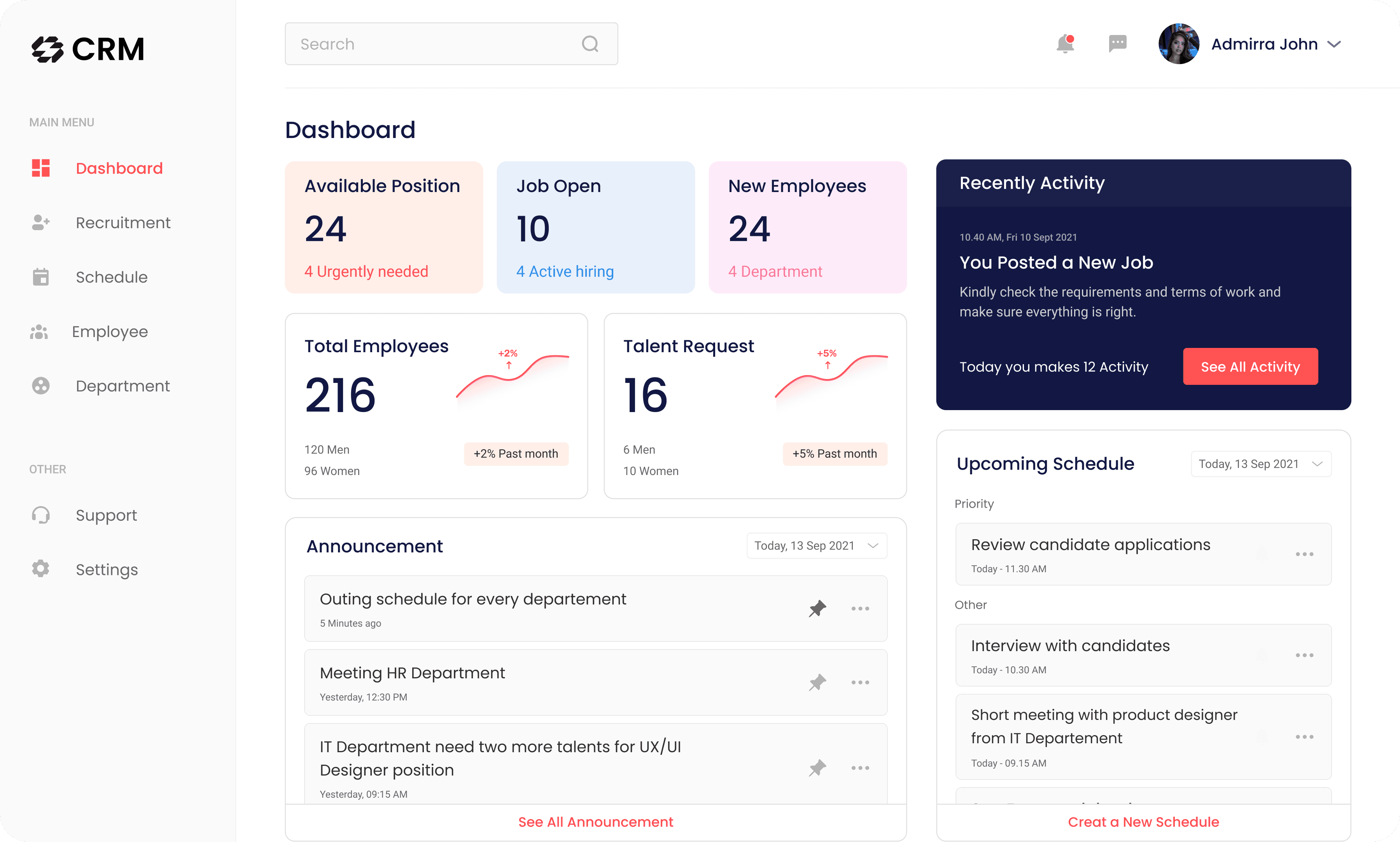 CRM dashboard showing job openings, employee stats, and upcoming schedule.