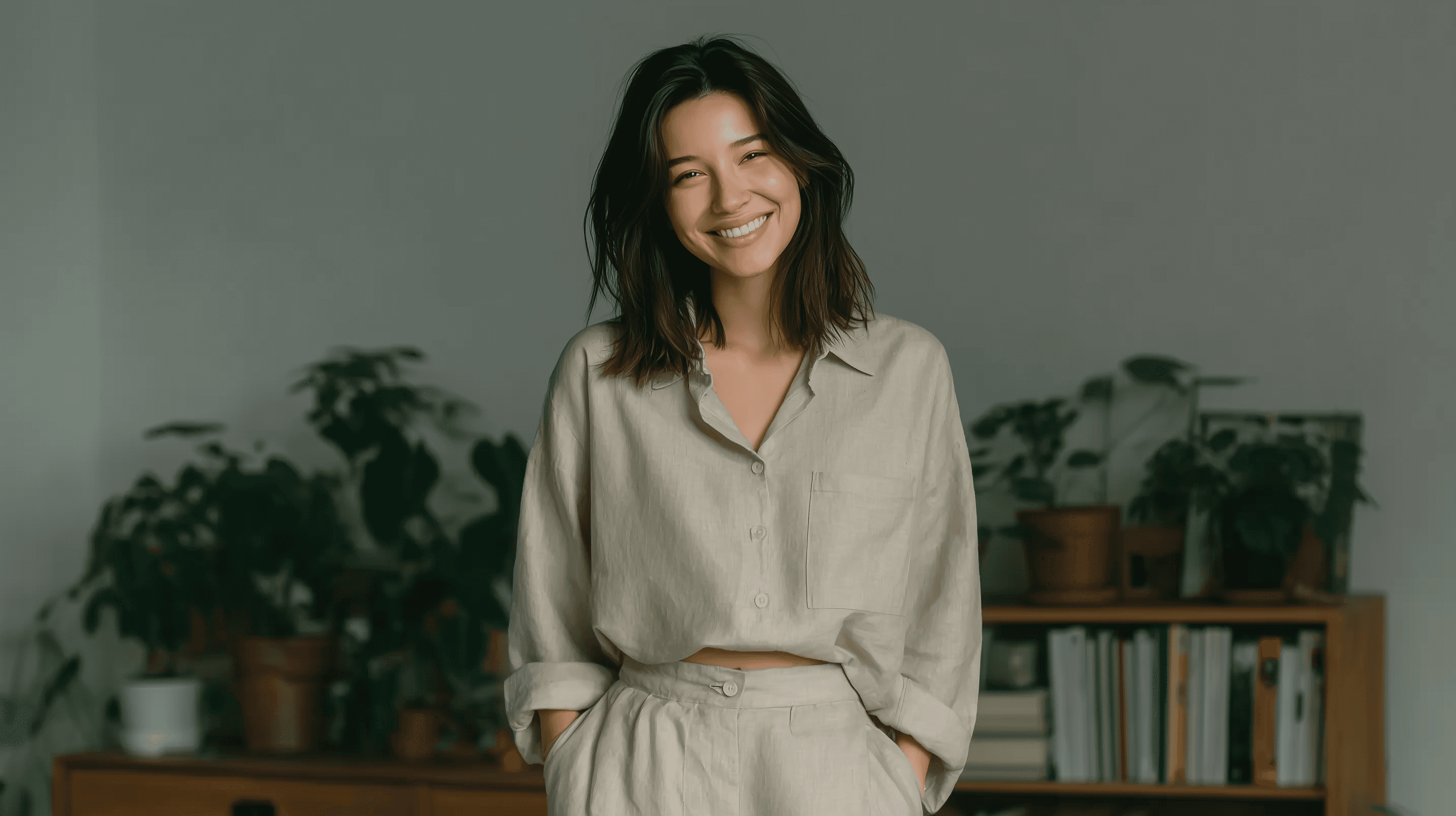 Smiling woman in beige linen outfit standing indoors with plants and books in the background.