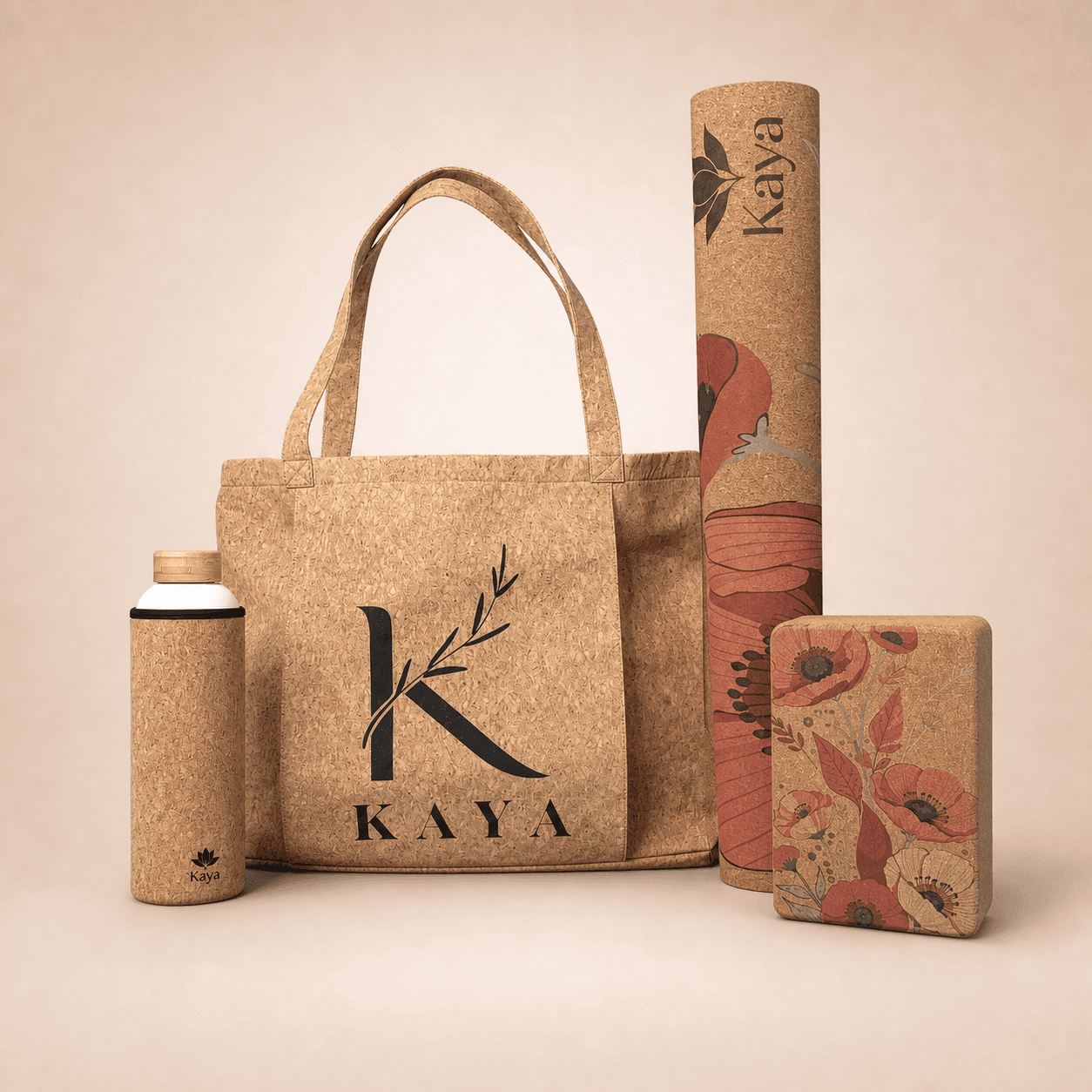 Kaya Eco Living cork tote, cork yoga mat, cork bottle, and floral cork yoga block.