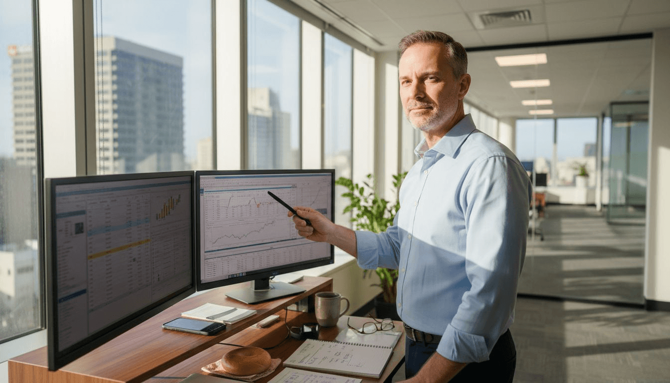 Trader comparing code at workstation