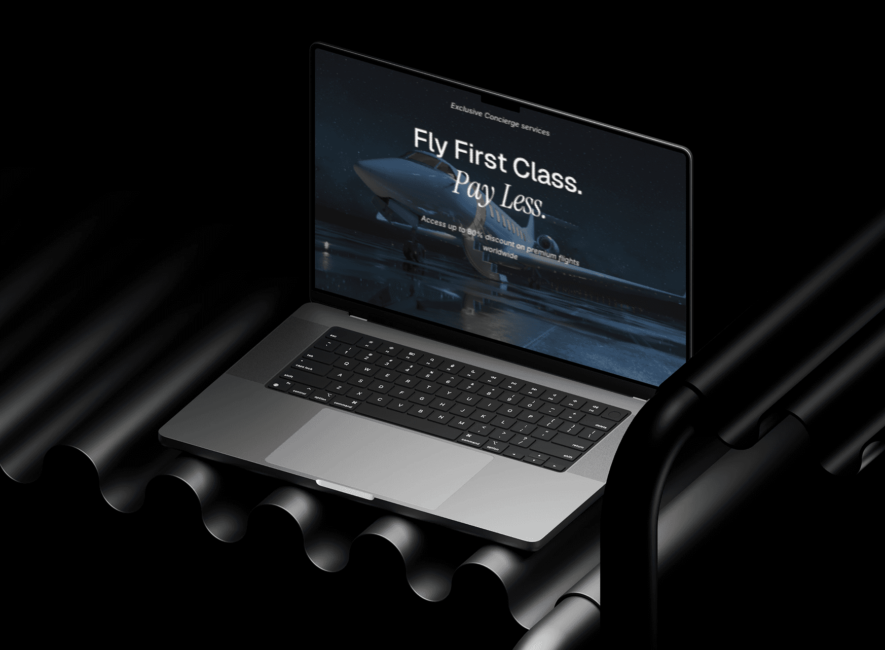 A sleek laptop displaying an advertisement for exclusive charter services with the slogan "Fly First Class. Pay Less" is positioned elegantly on a dark, wavy metallic surface.