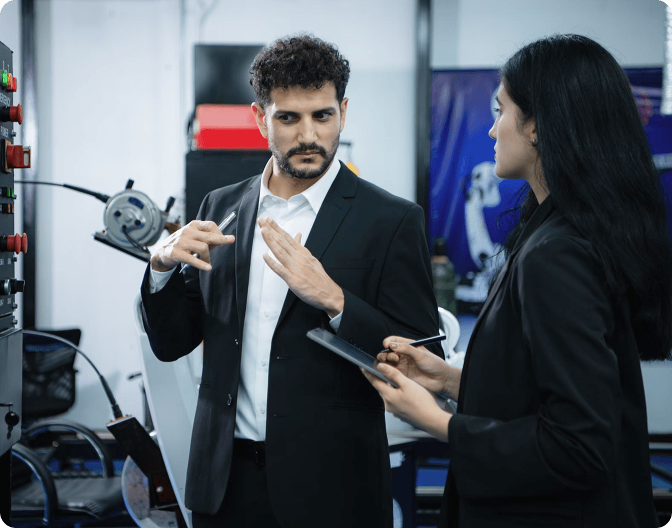 Businessperson of factory industry inspection and testing of robots arm for use in largescale