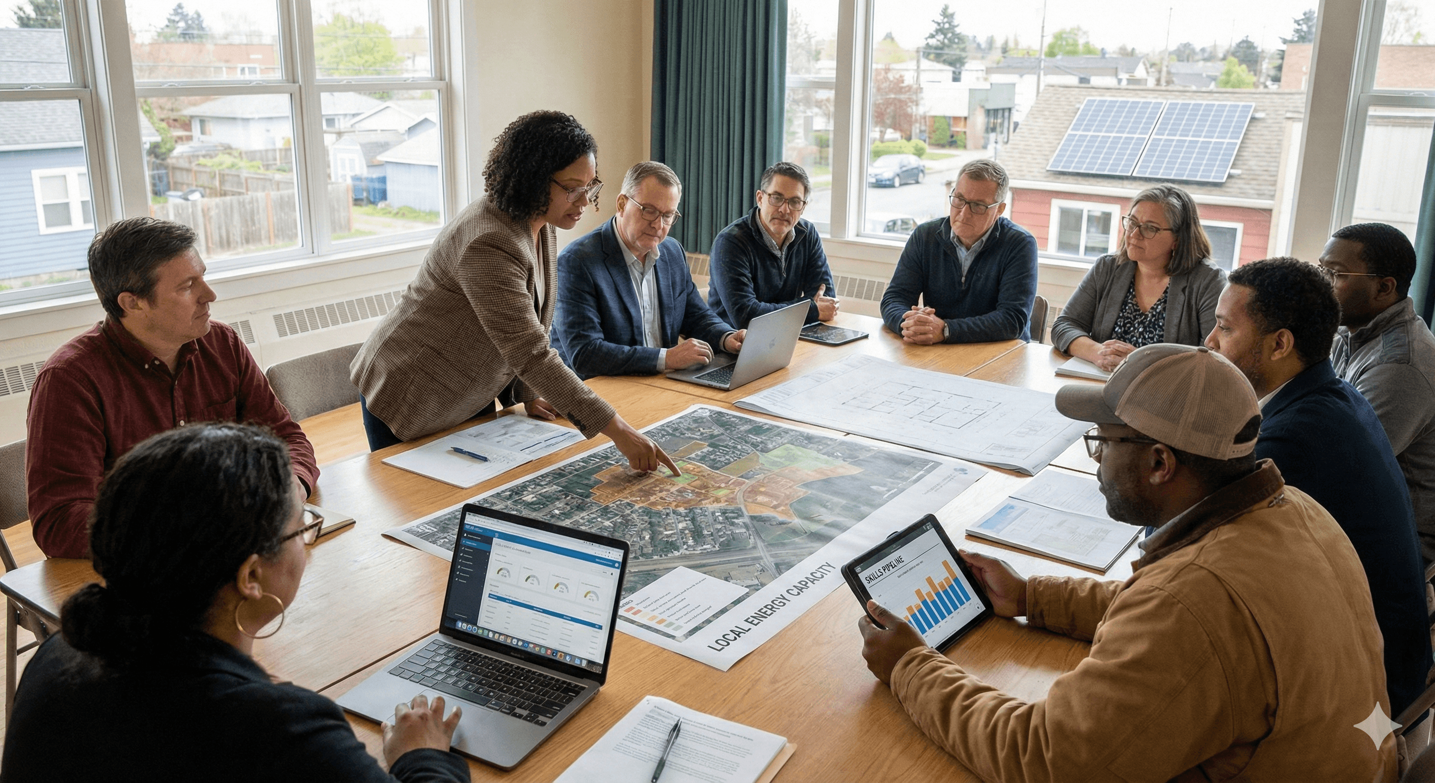 A diverse team of professionals collaborates around a large wooden table, reviewing detailed architectural plans and charts, with laptops and tablets displaying data, set in a well-lit meeting room near large windows overlooking a suburban neighborhood and emphasizing community-focused planning in local infrastructure projects.